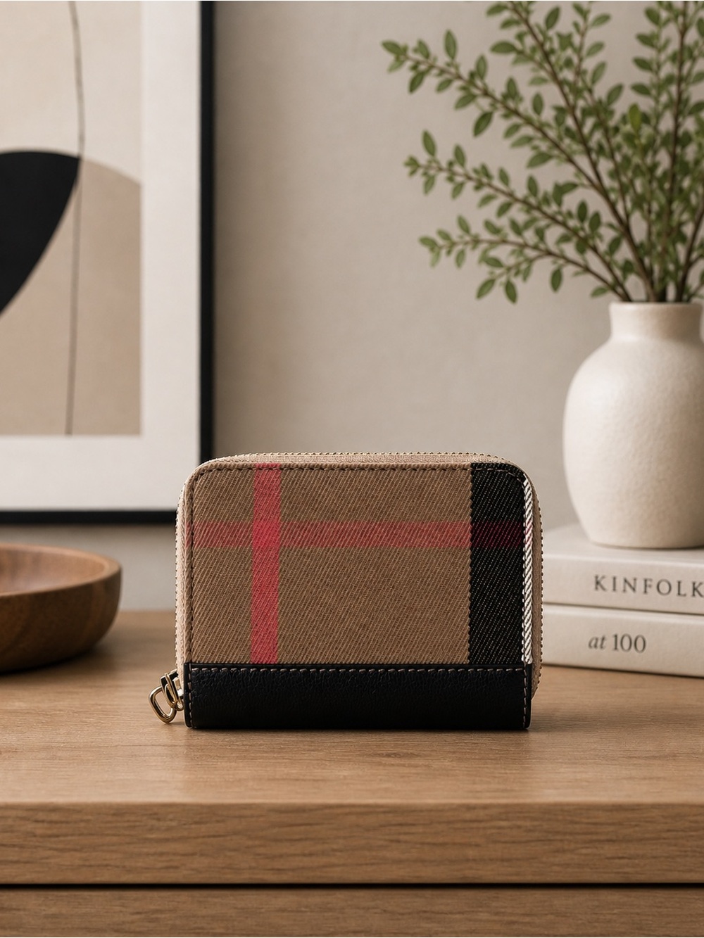 Burberry House Check Grainy Calfskin Mini Zip Around Wallet Black